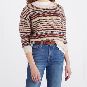 Multicolor Geometric Pattern Crew Neck Sweater in Cream
